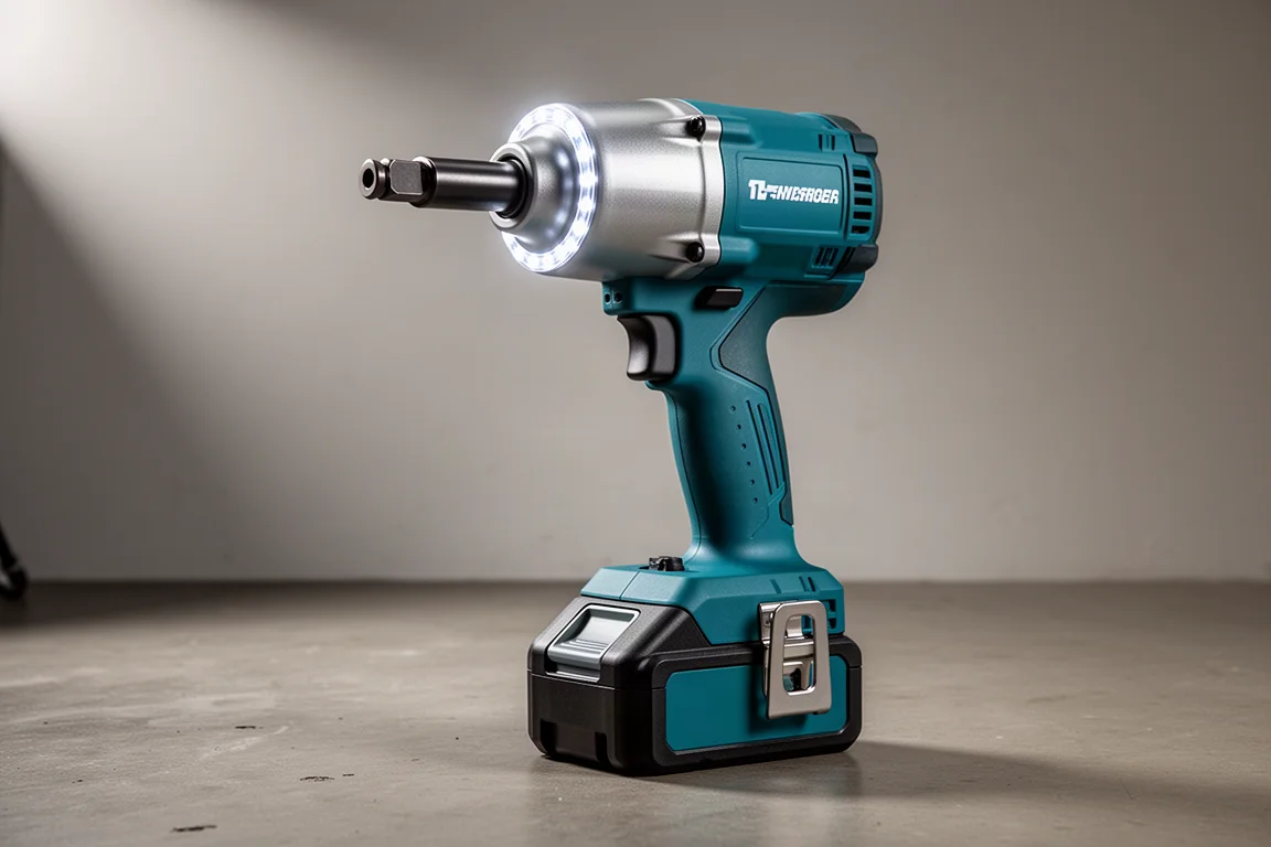 Teal cordless 1-inch impact wrench with battery pack on a concrete workshop floor