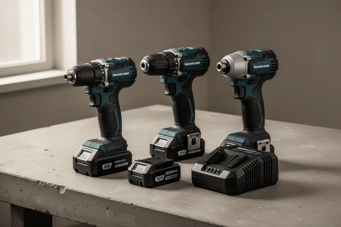 Makita-style cordless drill and impact driver kit with batteries on concrete surface