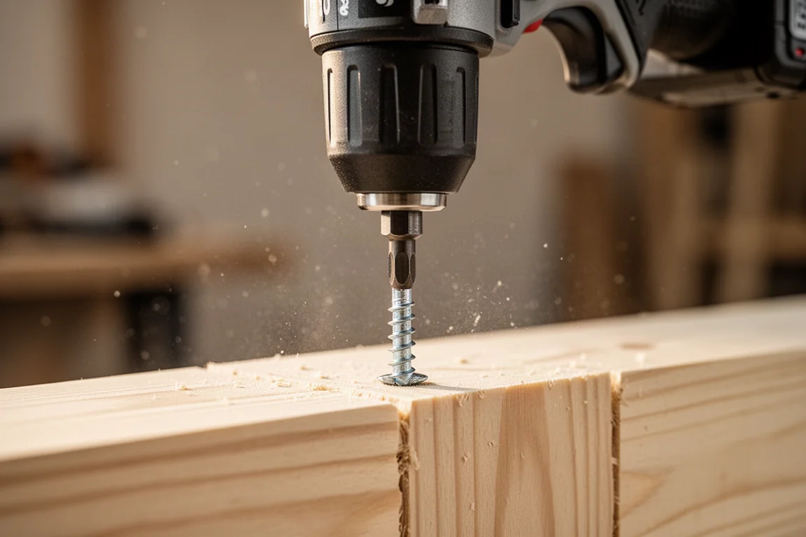 Oil Impulse Driver treibt in stiller Konzentration eine Schraube in weiches Holz
