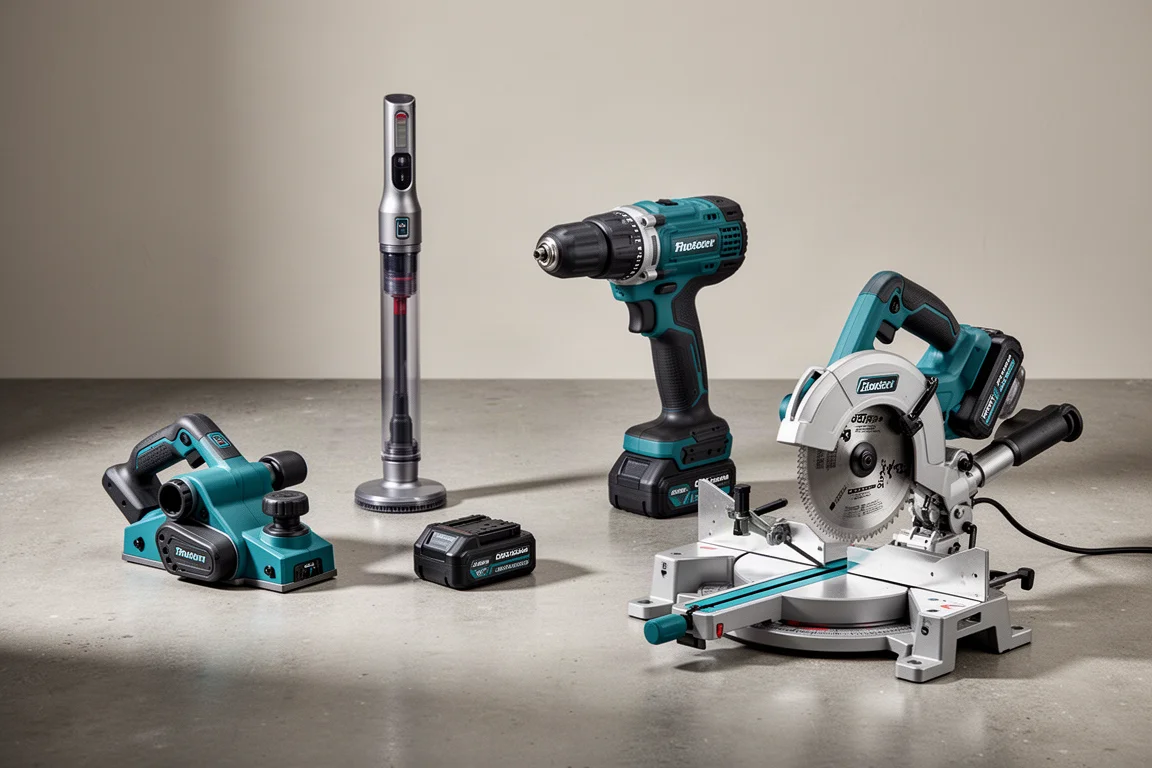 Collection of Makita cordless tools including a planer, stick vacuum, drill and miter saw on concrete