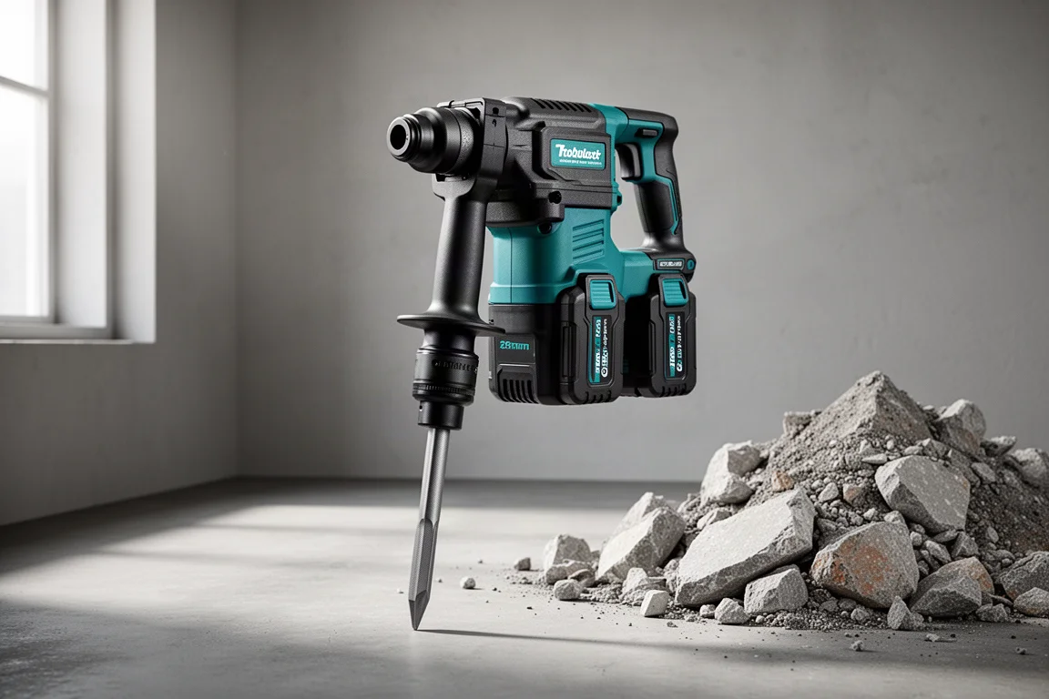 Cordless demolition hammer standing upright on concrete beside rubble