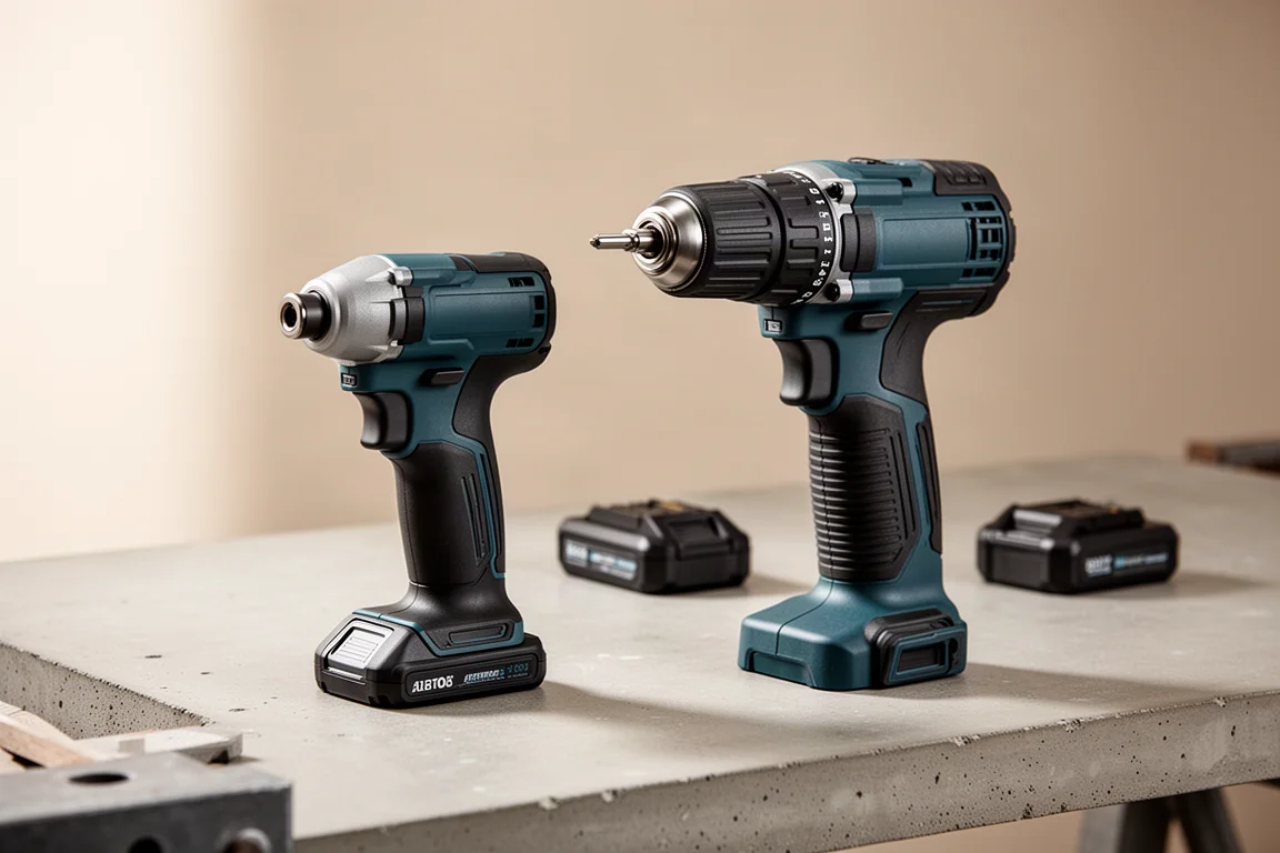 Makita impact driver and hammer drill side by side on a concrete workbench