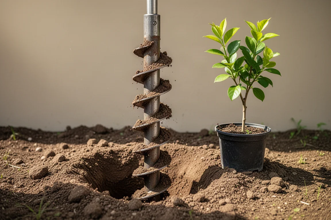 Grande punta a elica in piedi sul terreno accanto a un buco appena forato