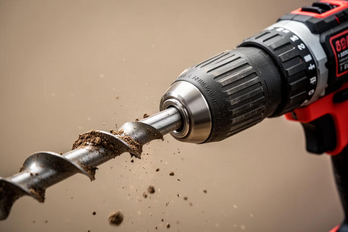 Trapano a percussione a batteria che impugna una grande punta a elica durante l'uso