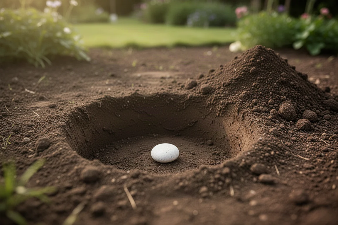 Buco profondo e pulito nel terreno del giardino pronto per piantare un albero
