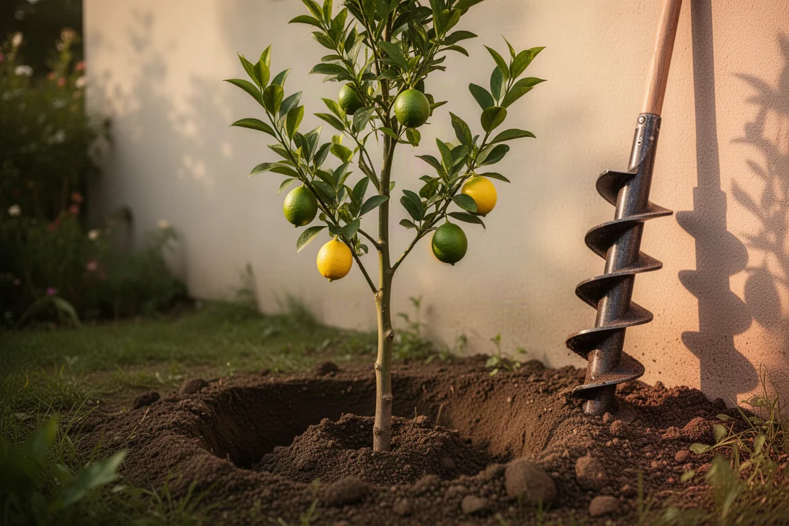 Scena del giardino con un lime appena piantato accanto a un buco forato