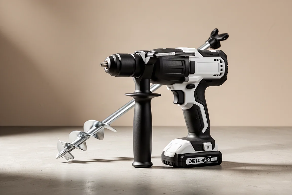 Makita 40V hammer drill standing beside a large earth auger bit on concrete