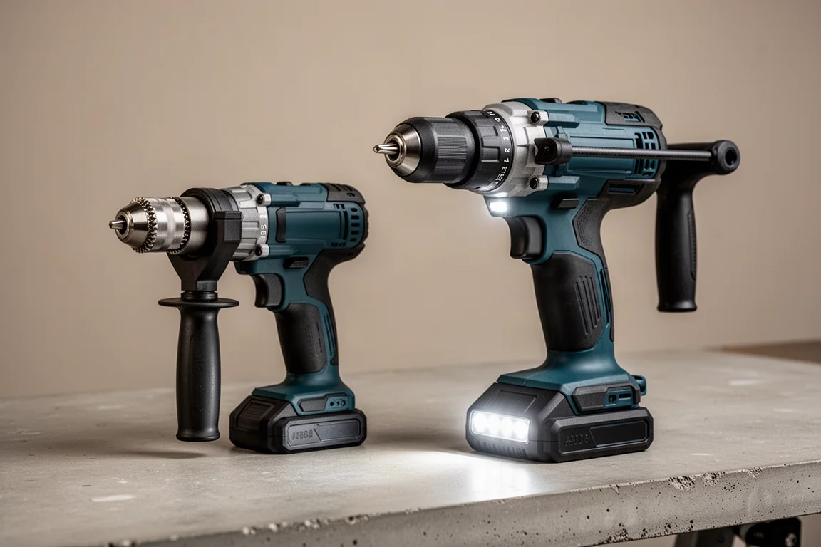 Two Makita XGT 40V cordless drills side by side on a concrete workbench