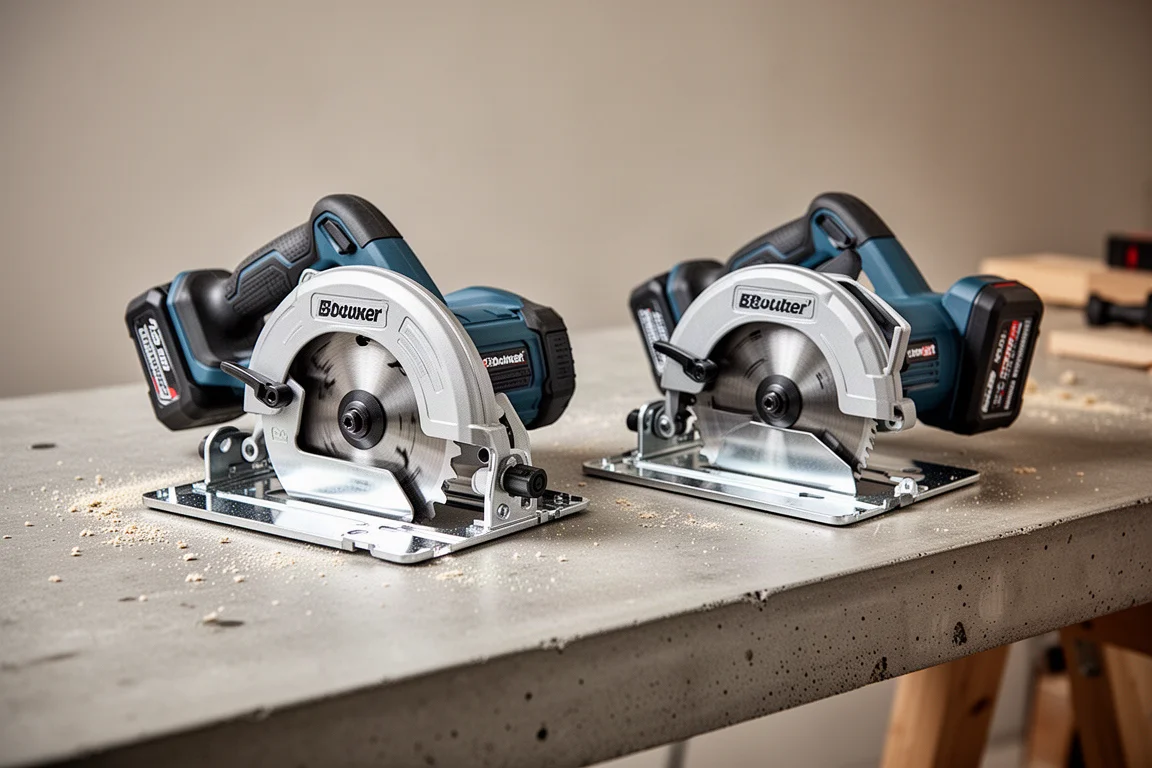 Two compact cordless circular saws resting on a workshop bench