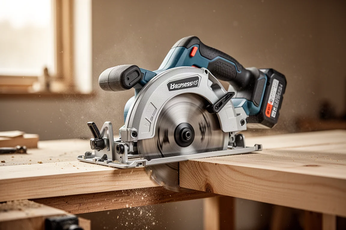 Circular saw base bevelled at an angle against a timber edge for flush cutting