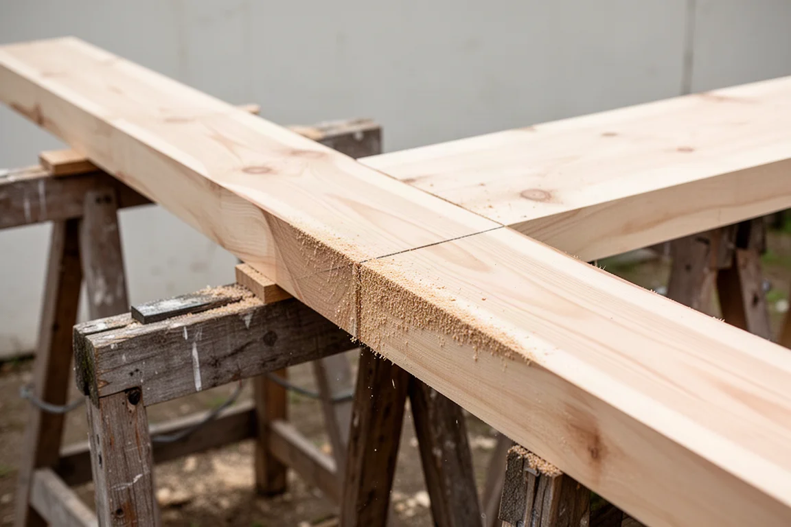 Long rip cut through a length of treated timber on sawhorses
