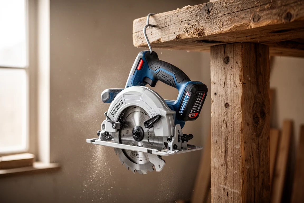 Circular saw hanging from a rafter hook on a timber beam