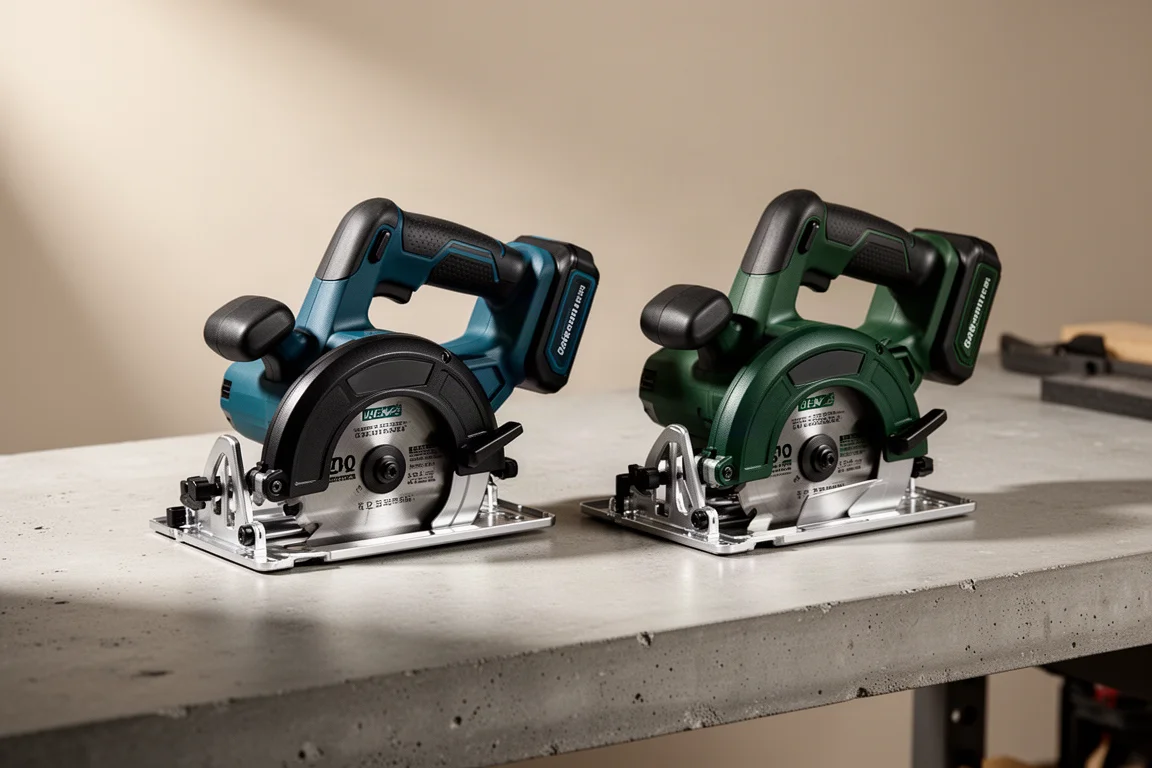 Two compact 125mm cordless circular saws side by side on a concrete bench