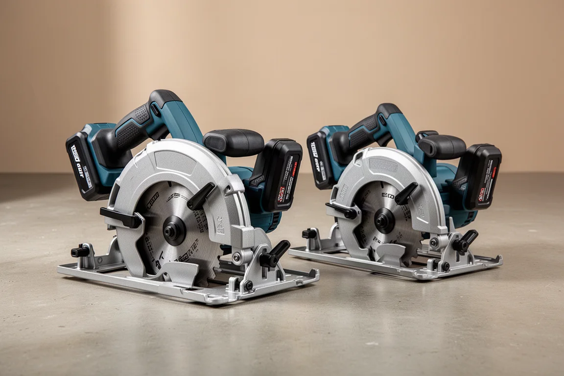 Two Makita 40V cordless circular saws side by side on a concrete floor