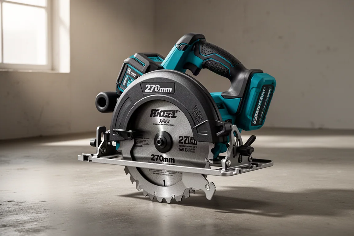 Makita HS011G 40V top-handle circular saw on a concrete workshop floor