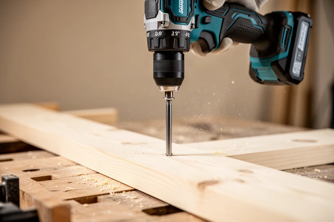 Trapano a impulsi a batteria che avvita un elemento di fissaggio in un pezzo di legno