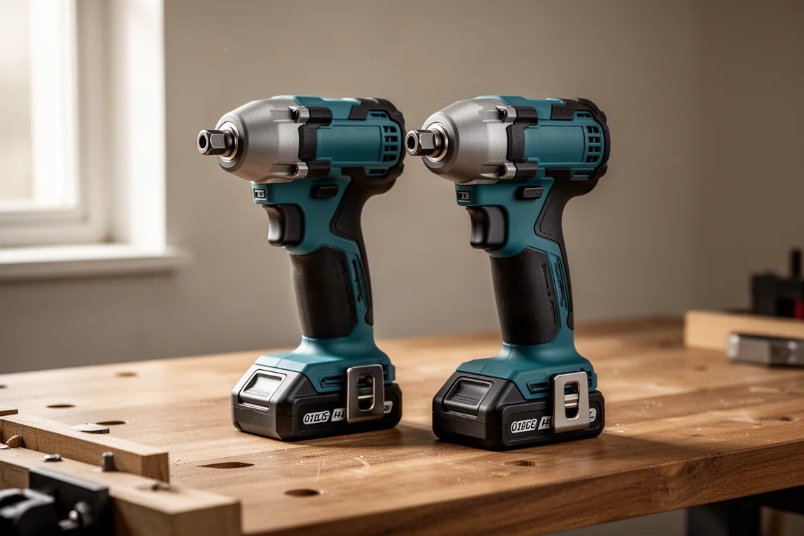 Two cordless impact drivers side by side on a workbench