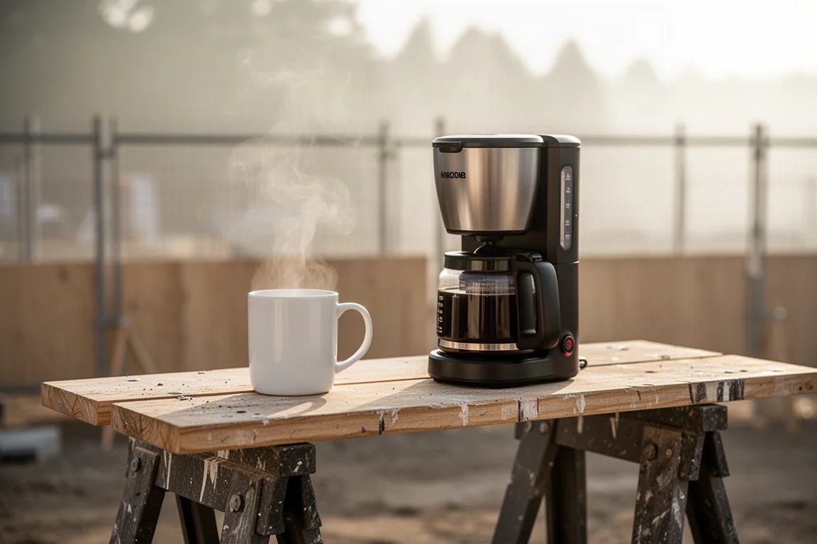 Liten sladdlös kaffebryggare på en såghäst bredvid en mugg