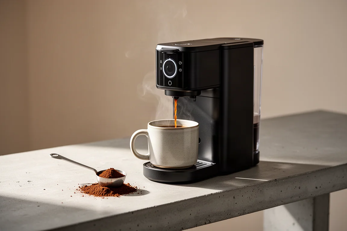 Kaffebryggare som brygger i en mugg på en betongbänk