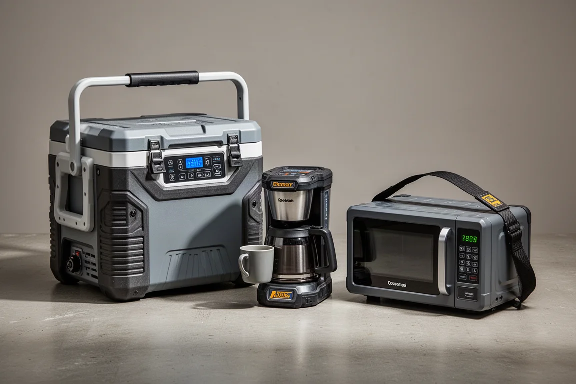 Makita cordless cooler, coffee maker, and microwave arranged on concrete