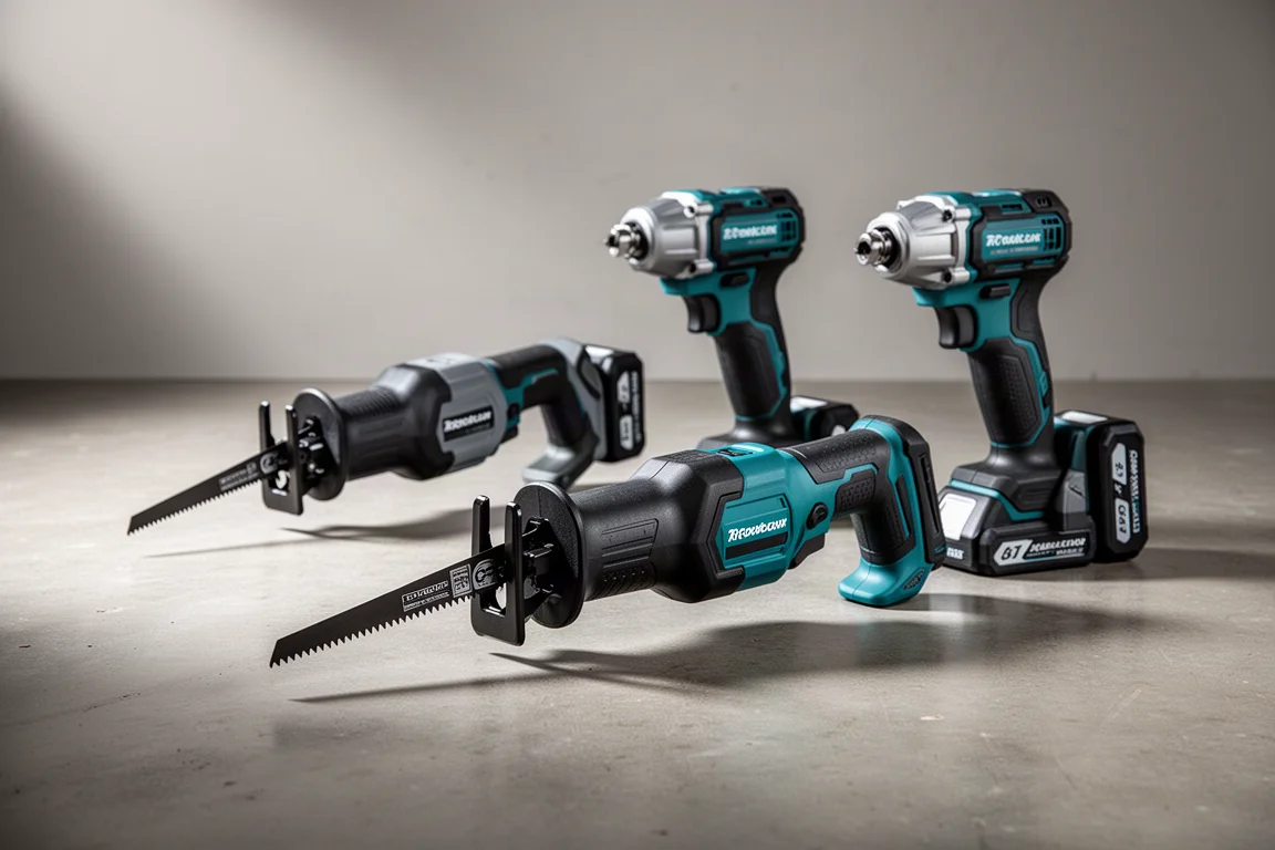 Three cordless reciprocating saws lined up on a concrete workshop floor