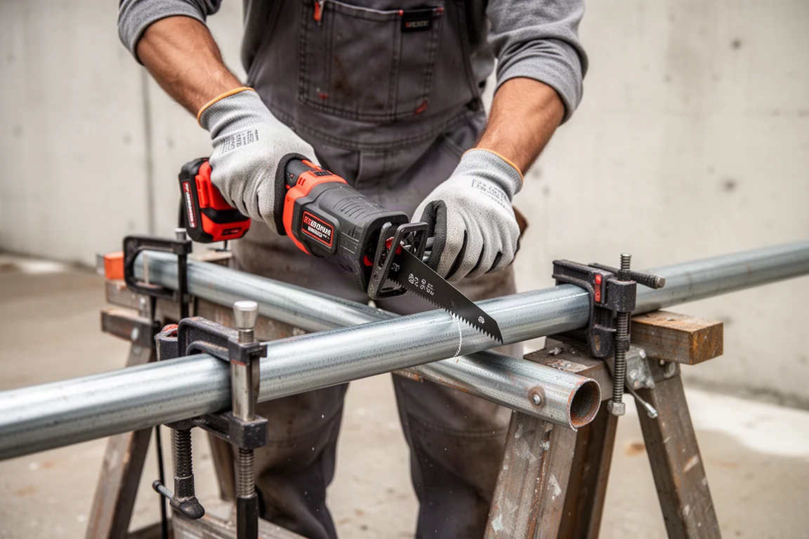 Vakman zaagt een metalen buis, geklemd op een zaagbok, buitenshuis