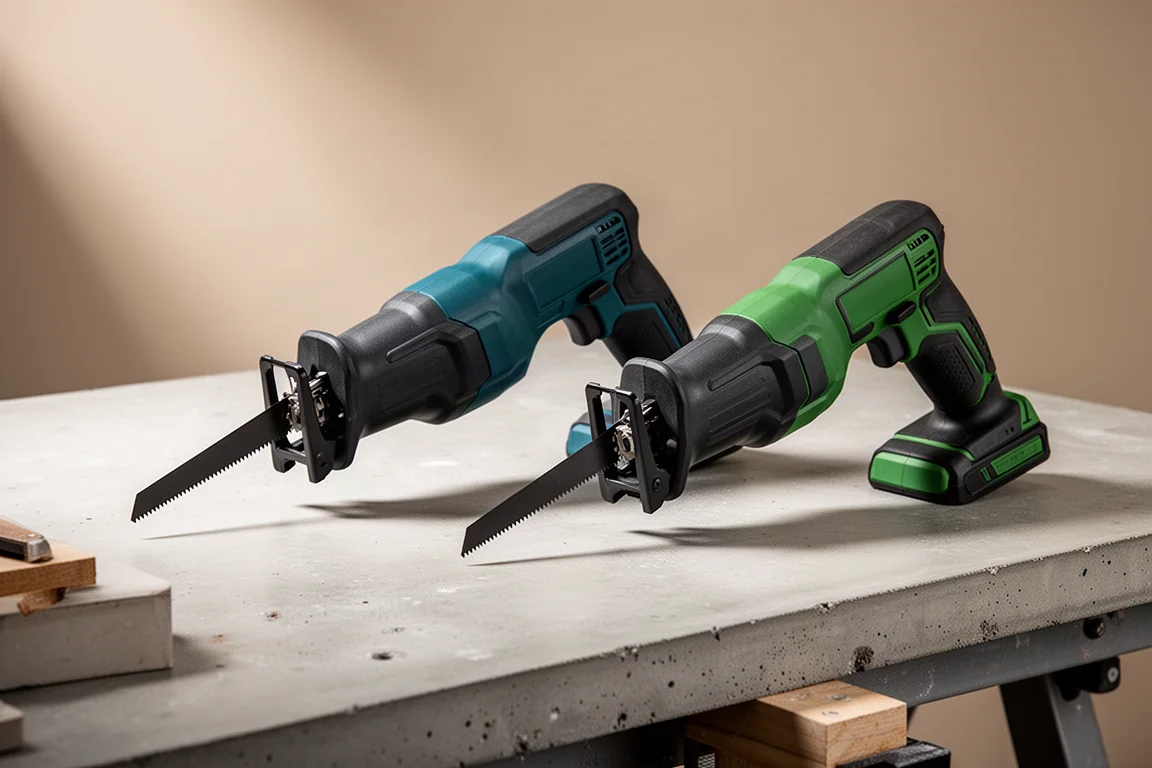 Two cordless reciprocating saws side by side on a concrete workbench