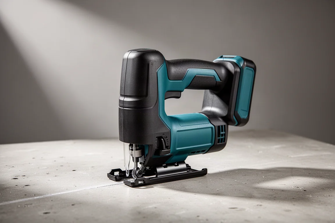 Makita XGT 40V barrel grip jigsaw on a concrete workshop surface