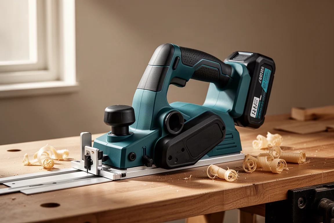 Teal and black cordless power planer with battery pack on a workshop bench
