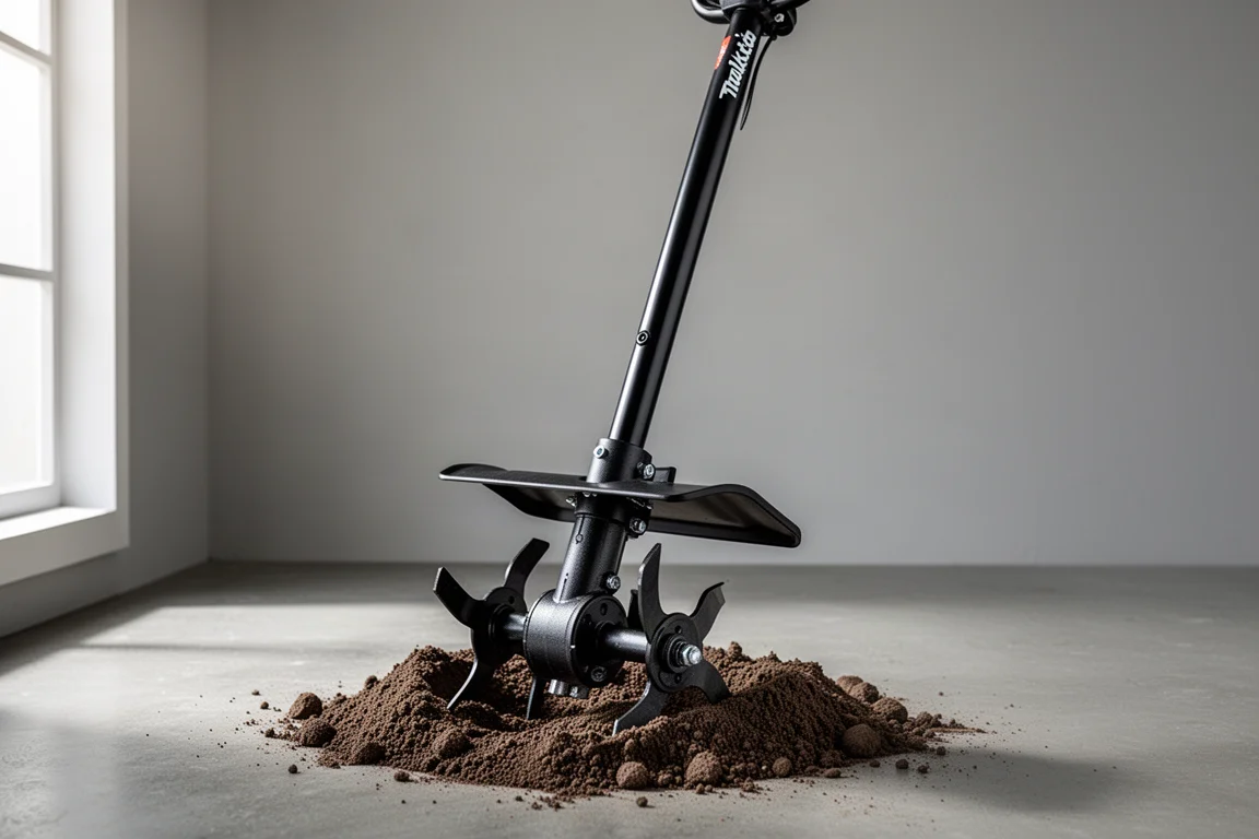 Makita cultivator attachment standing upright with tines and shaft visible