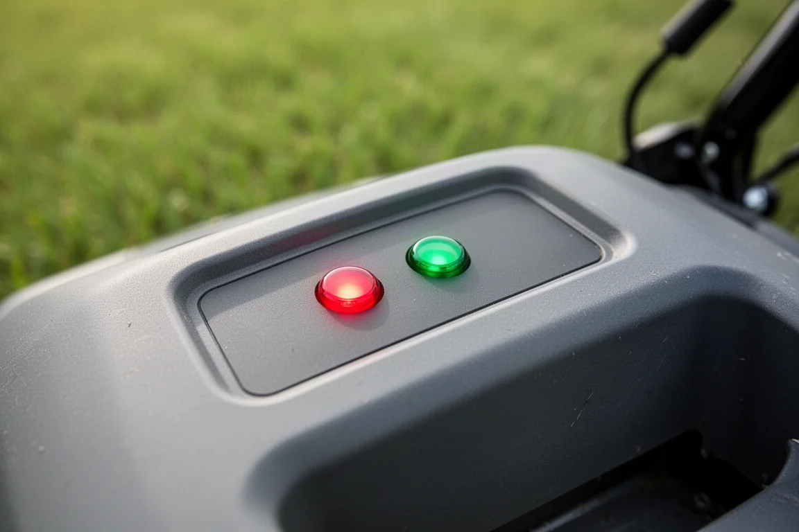 Luces indicadoras de batería iluminadas en el panel de un cortacésped