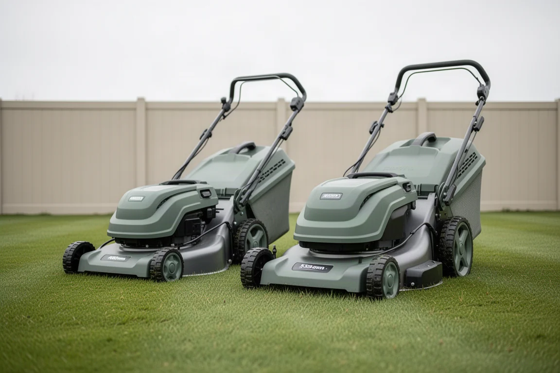 Two Makita 40V battery lawn mowers side by side on a mown lawn