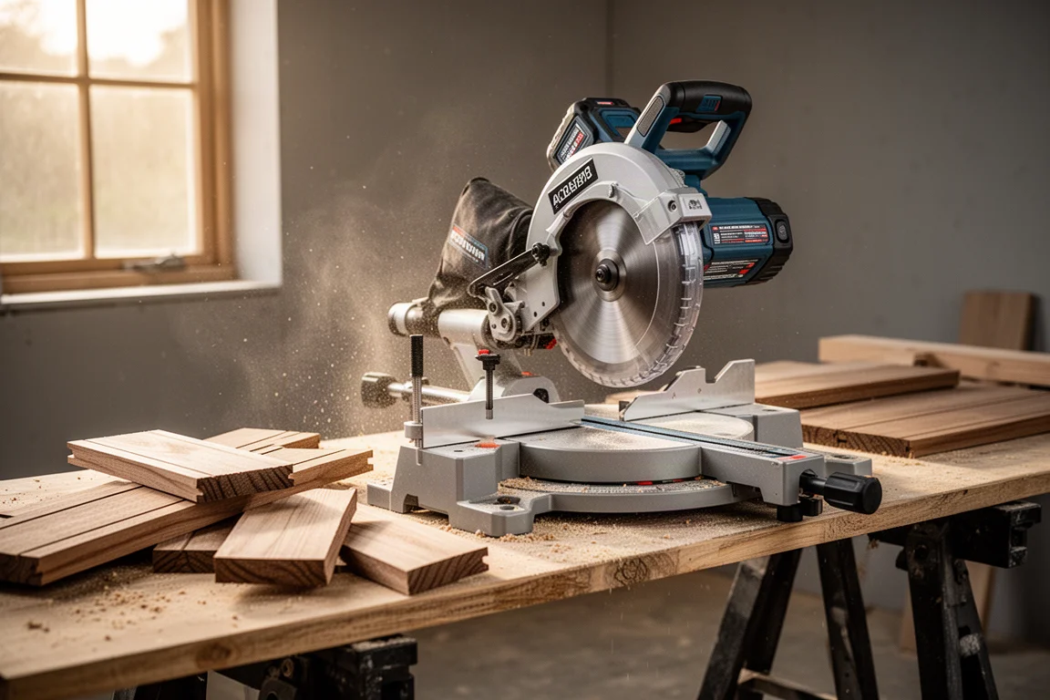 Large sliding compound miter saw set up on a workshop bench with offcuts of hardwood decking