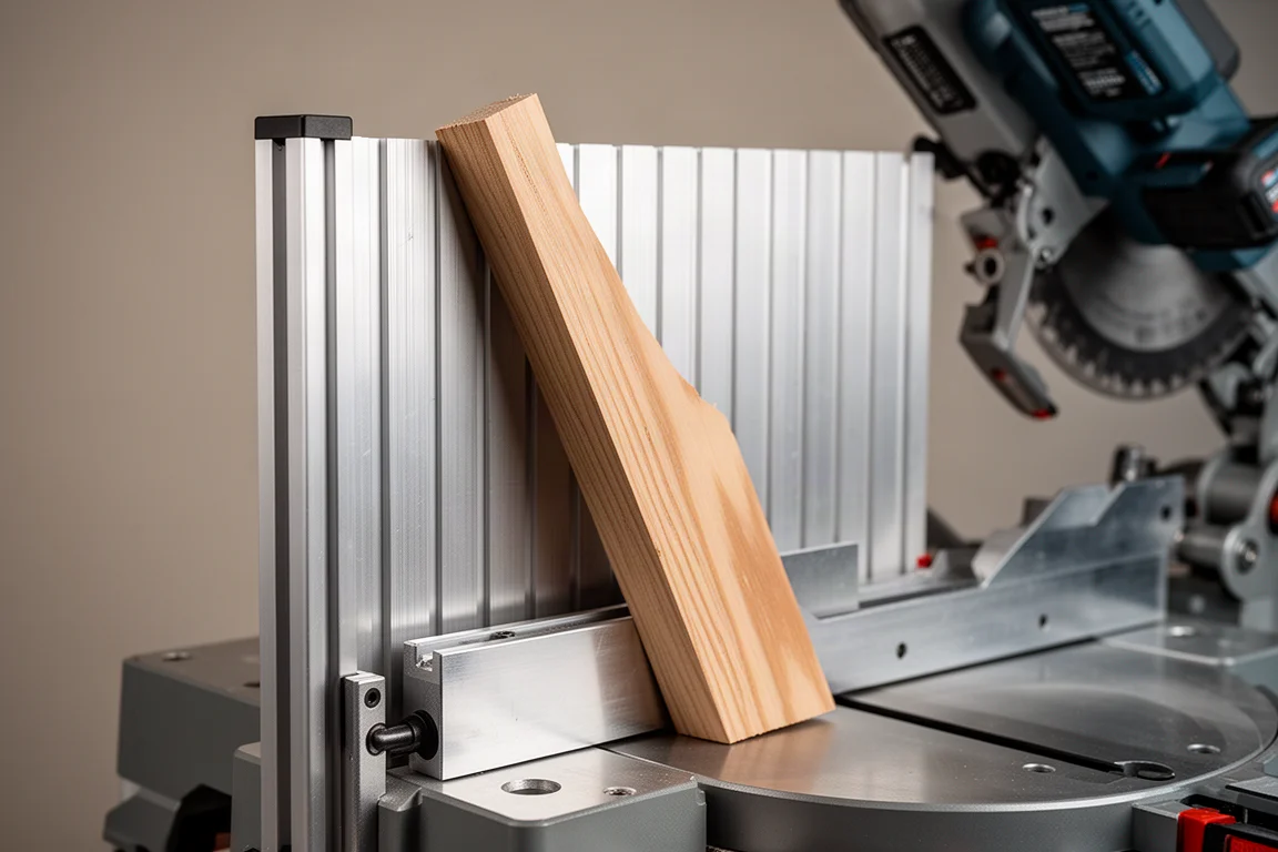 Close-up of a miter saw's rear fence and steel rails with a board clamped in position