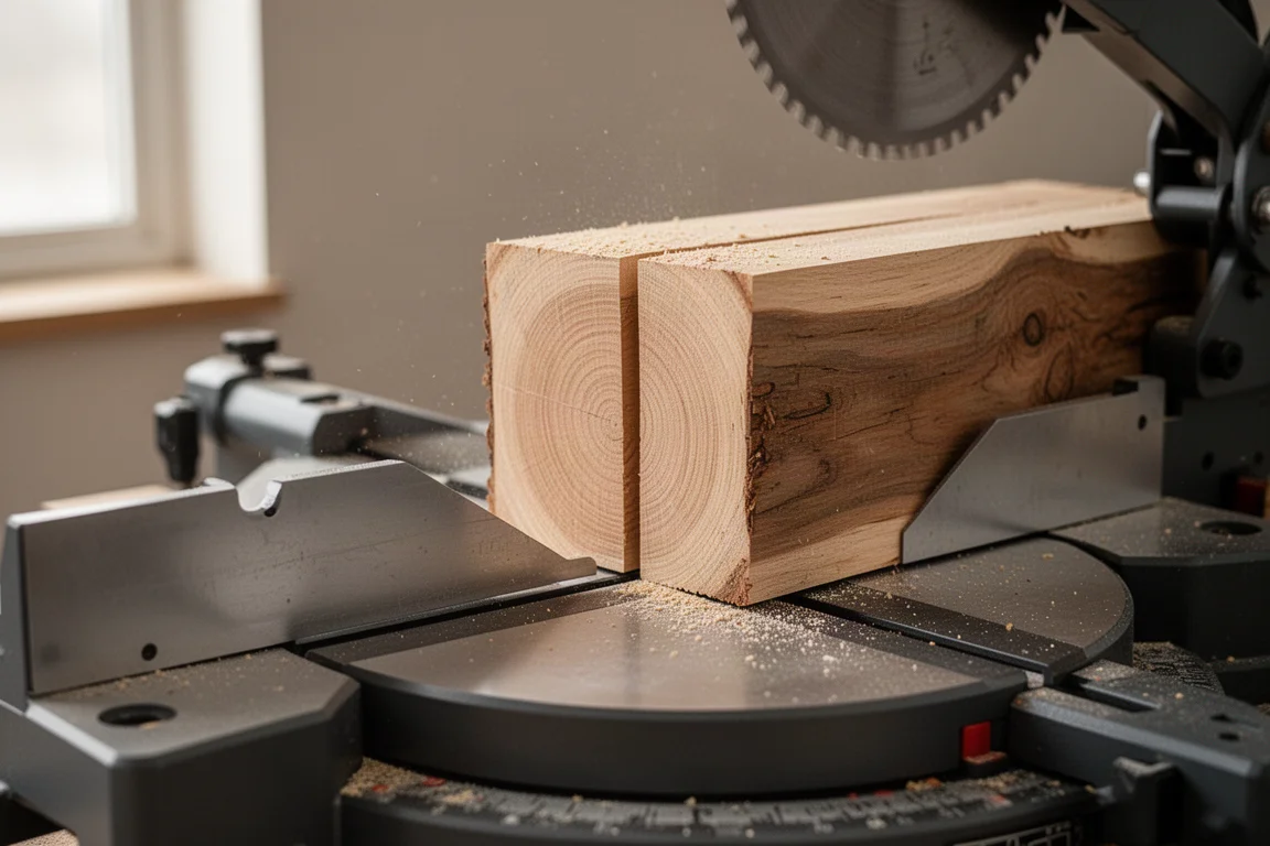 Workpiece showing a clean crosscut through a thick timber post in one pass