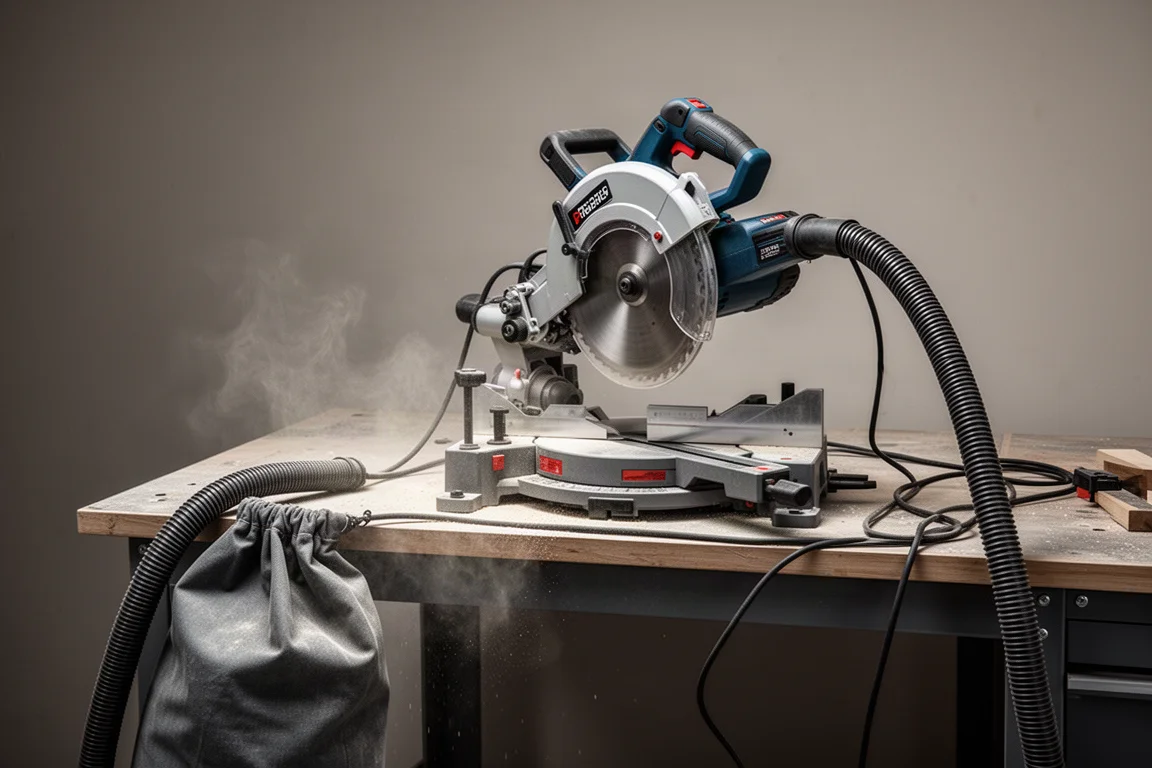 Workshop bench area after a cutting session with dust extraction hose connected to the saw