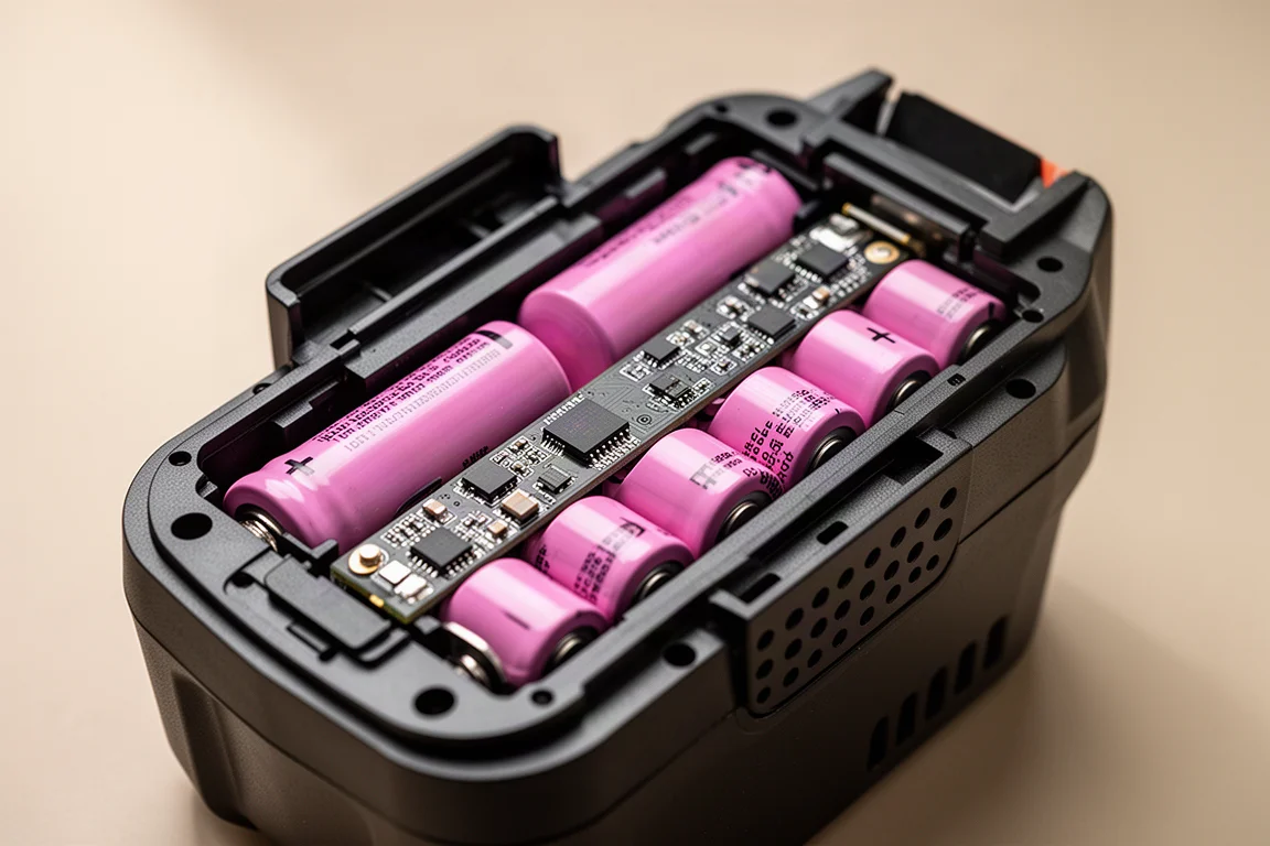 Geöffneter Akkupack mit Reihen zylindrischer Lithium-Ionen-Zellen