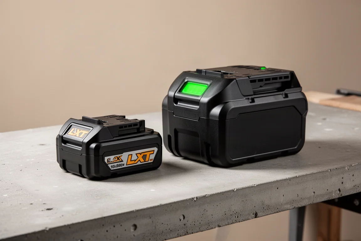 Two Makita-style LXT battery packs side by side showing the 9Ah and 12Ah sizes