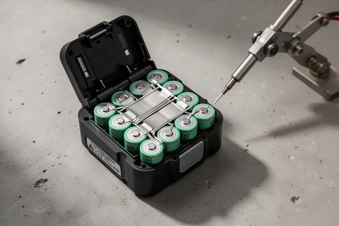 Öppnat batteripaket med rader av cylindriska litiumjonceller svetsade med nickelremsor