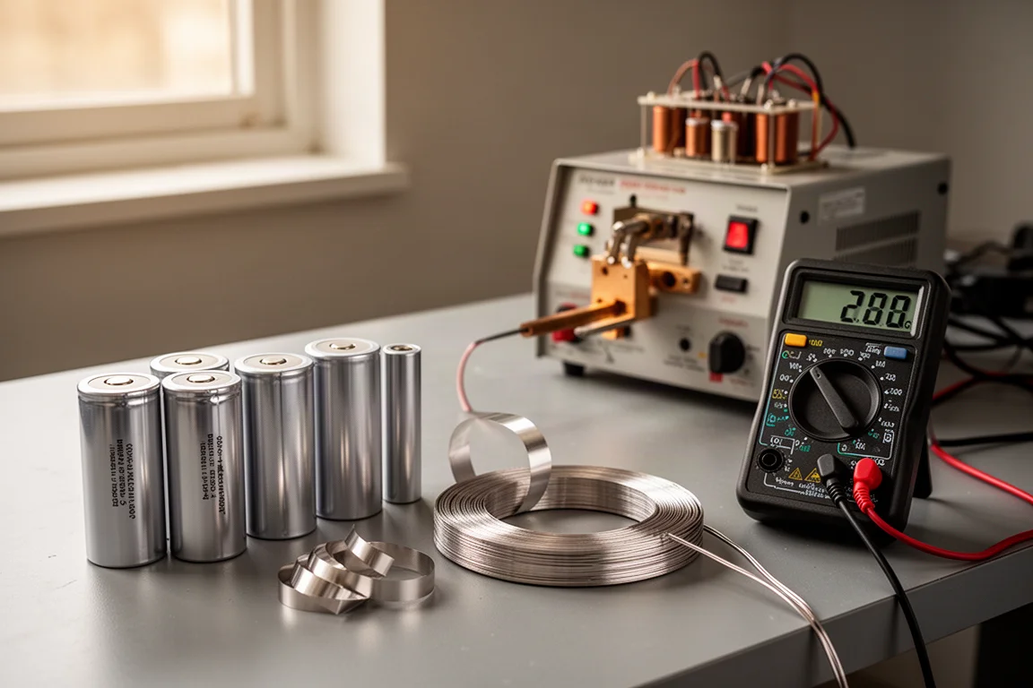 Arbetsbänk med battericeller, punktsvetsare och multimeter under ett paketbygge