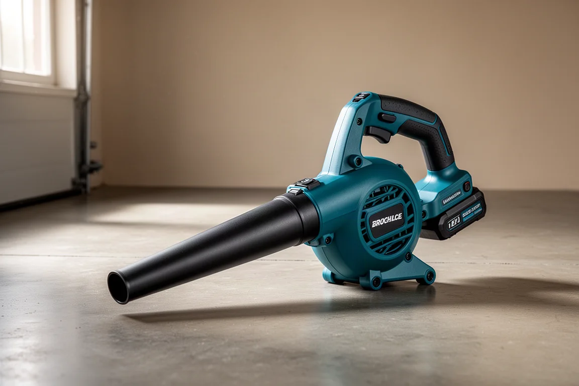 Compact teal and black cordless blower with tapered nozzle on concrete floor