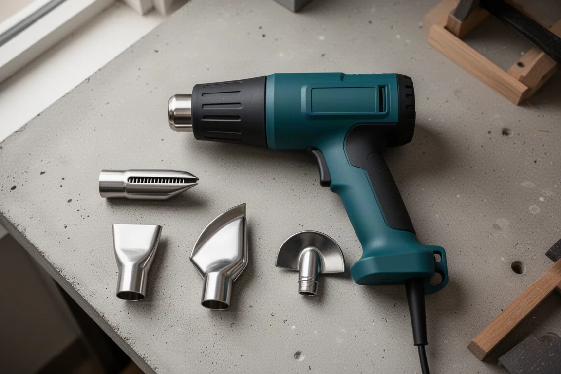 Pistolet à chaleur sans fil posé sur un établi d'atelier avec les embouts disposés autour
