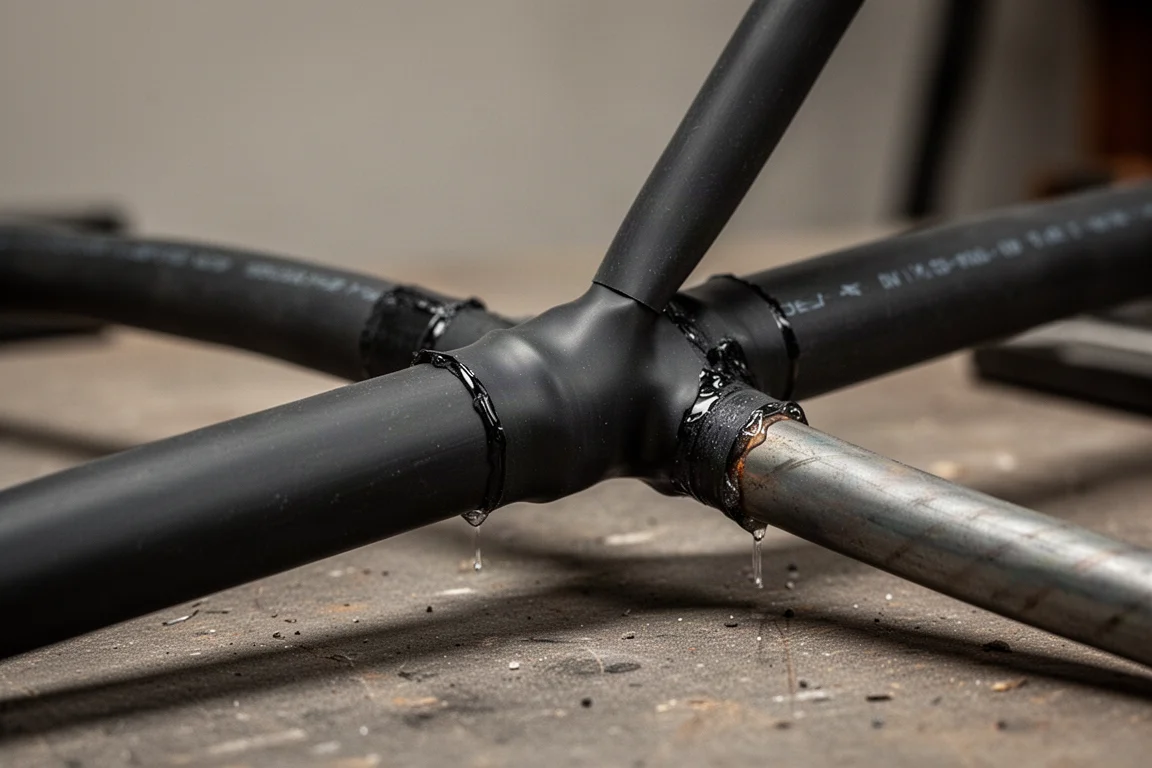 Manchon thermorétractable noir large se rétractant sur une jonction de câble sur un établi