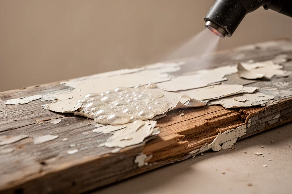 Peinture cloquant sur une planche de bois patinée pendant l'application de chaleur
