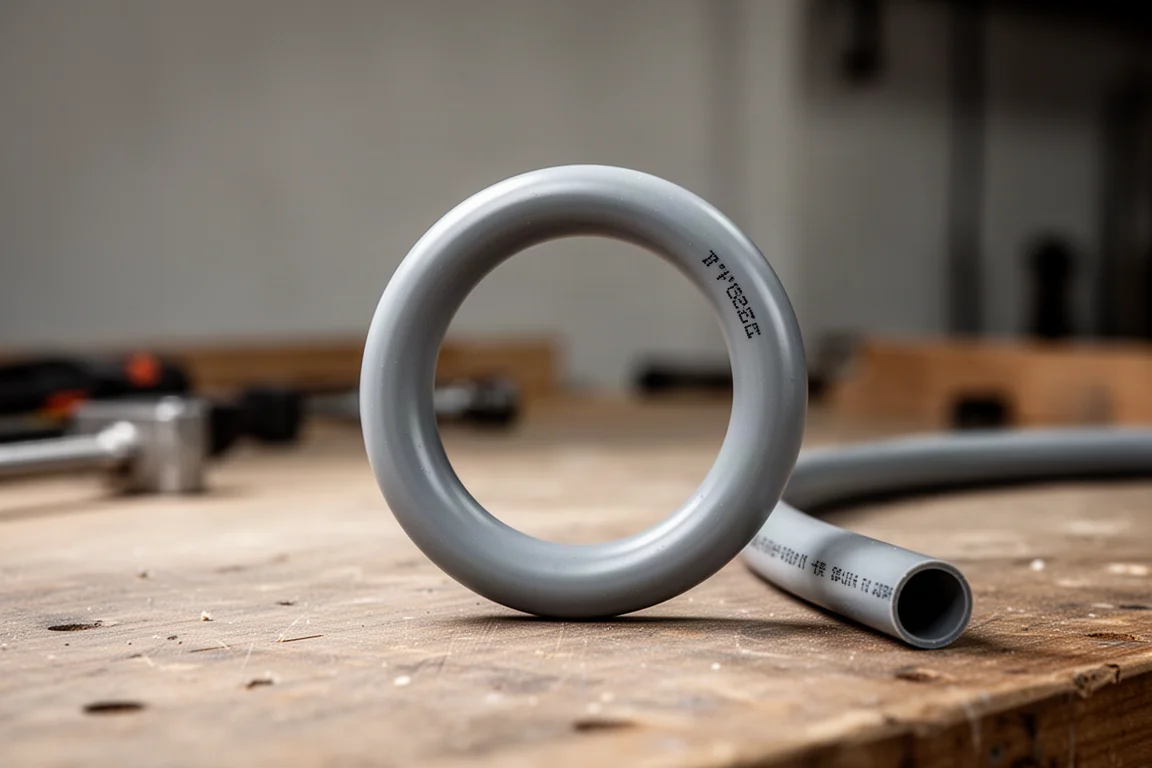 Conduit électrique cintré maintenu par des serre-joints sur un établi après thermocintrage
