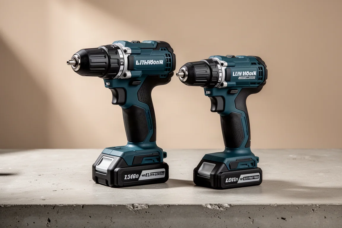 Two cordless power drills side by side on a concrete workshop surface
