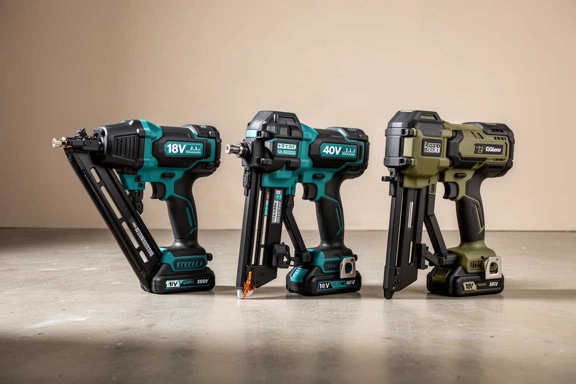 Three cordless framing nailers side by side on a concrete workshop floor