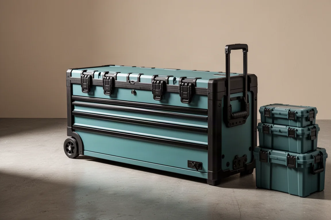 Long horizontal teal rolling tool chest with extended side handle on concrete floor
