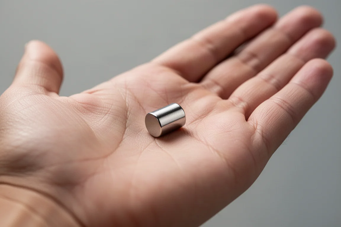 Kleine zylindrische Magnethülse in einer offenen Handfläche, um ihre winzige Größe zu zeigen