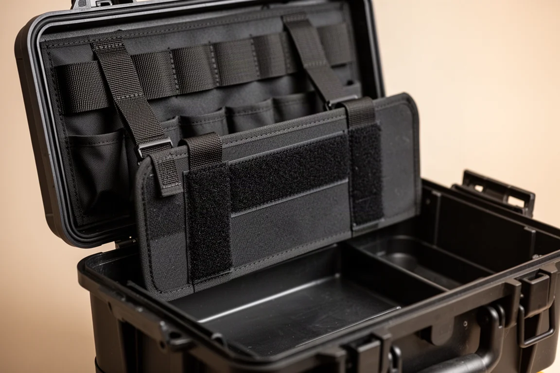 Geöffneter Werkzeugboxdeckel mit MOLLE-artiger Trennwand und Innenschale